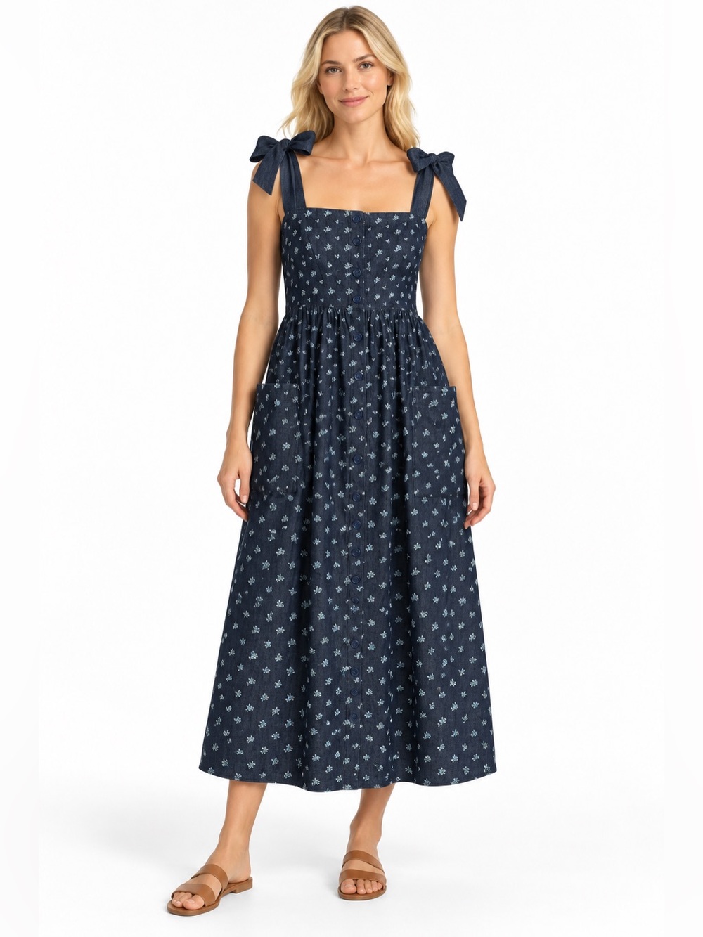 Lalavon NWT Size Medium Navy Floral Tie-Shoulder Midi Denim Dress